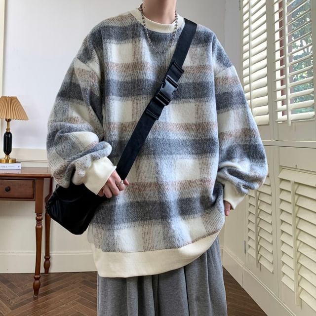 emeisa-Crew Neck Plaid Sweater