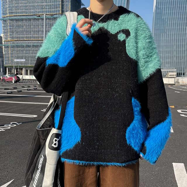 Hushgrain-Round Neck Color Block Fluffy Sweater