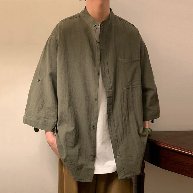 Savenne-Short-Sleeve Plain Button-Up Shirt