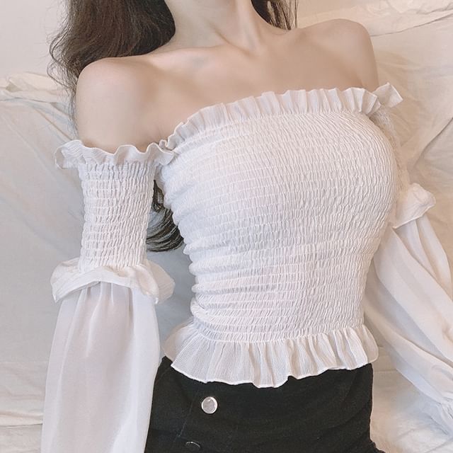 Ukiyo-Puff-Sleeve Off-Shoulder Plain Ruffle Blouse