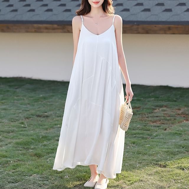 Odestra-Spaghetti Strap Plain Midi Sundress