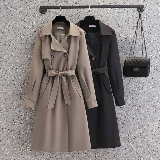 INEN-Collared Plain Midi Double Breasted Tie Front Trench Coat