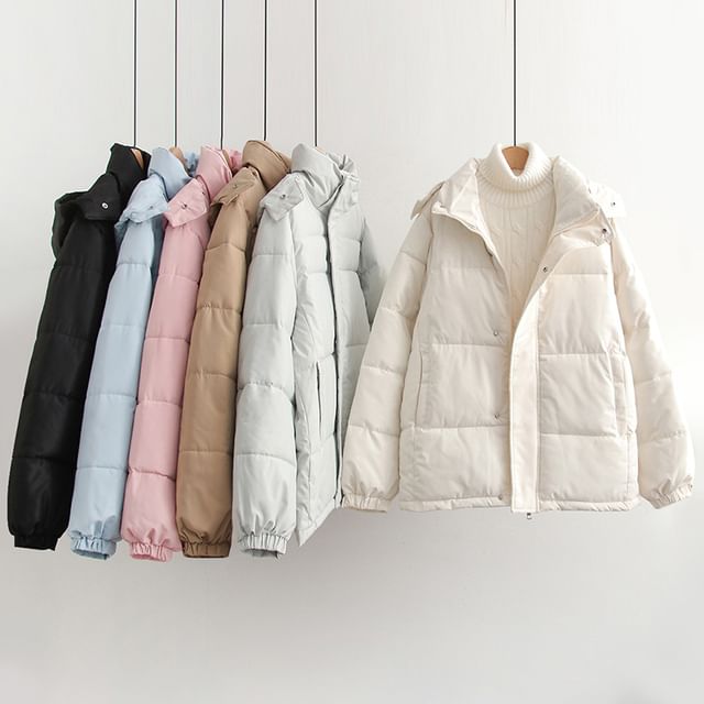 Suzette-Hooded Stand Collar Plain Padded Jacket