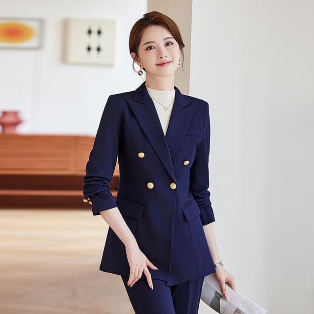 Skyheart-Lapel Collar Plain Double Breasted Blazer Mid Rise Plain Dress Pants Set