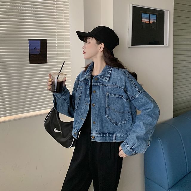 Lexama-Collared Washed Denim Crop Button Down Jacket