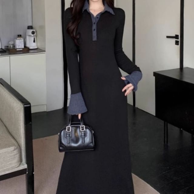 Cloud Nine-Long-Sleeve Collared Striped Panel Half-Buttoned Maxi A-Line Dress