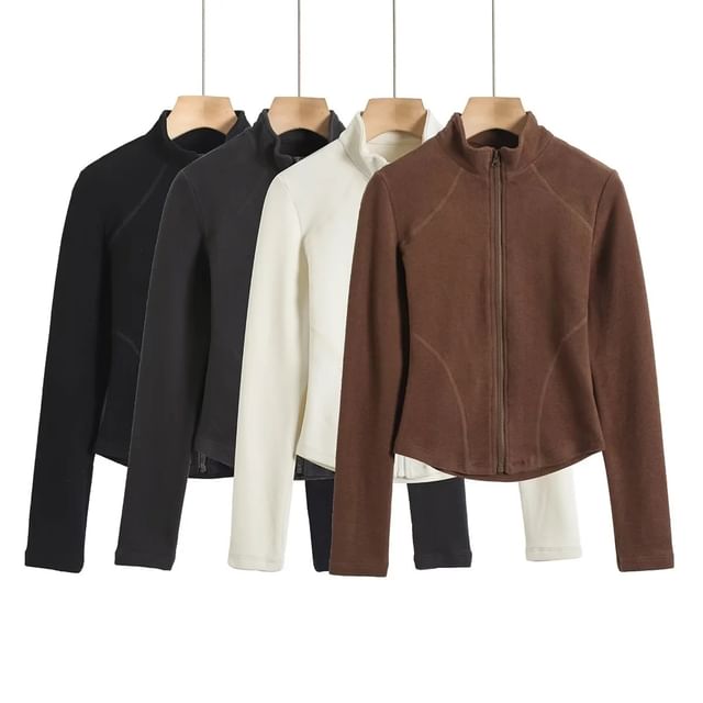 Asiris-Stand Collar Plain Zip Up Cropped Jacket