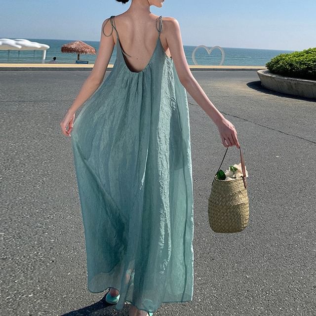 Faiar - Spaghetti Strap Scoop Neck Plain Crinkle Beaded Open Back Maxi Tunic  Dress | YesStyle