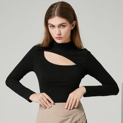 YS by YesStyle - Eco-Friendly Long-Sleeve Mock-Neck  Cutout Top