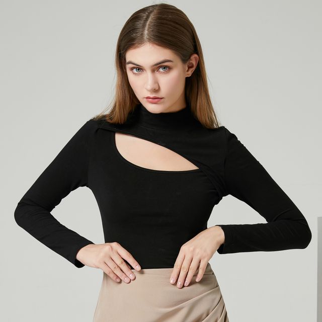 YS by YesStyle - Eco-Friendly Long-Sleeve Mock-Neck  Cutout Top