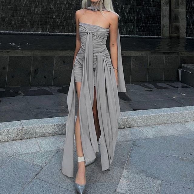 slim fit dress slacks Grey Strapless Bodycon Dress Meskita