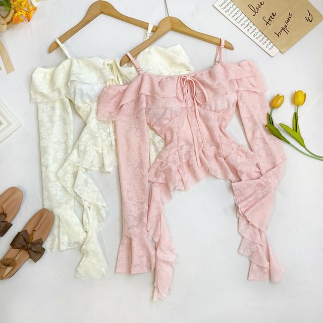 Iasia-Cold-Shoulder Ruffled Drawstring Lace Blouse