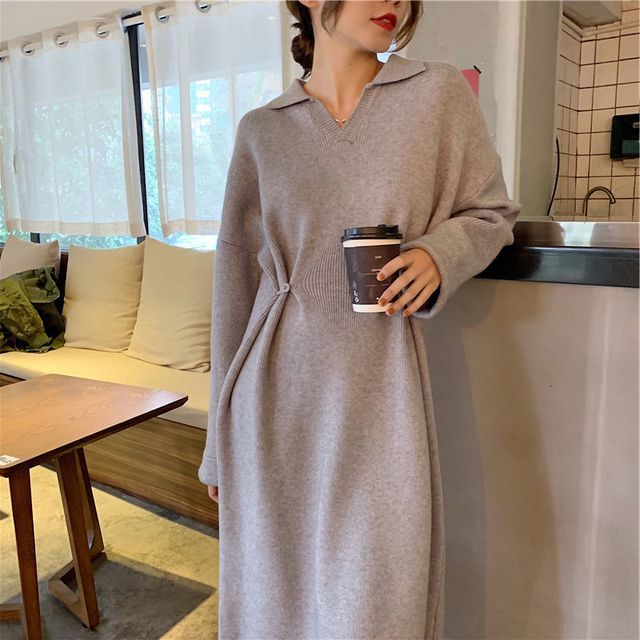 Yupina - Long-Sleeve Collared Plain Midi Sweater Dress | YesStyle