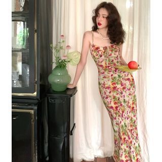 closetaine Spaghetti Strap Floral Print Midi Bodycon Dress