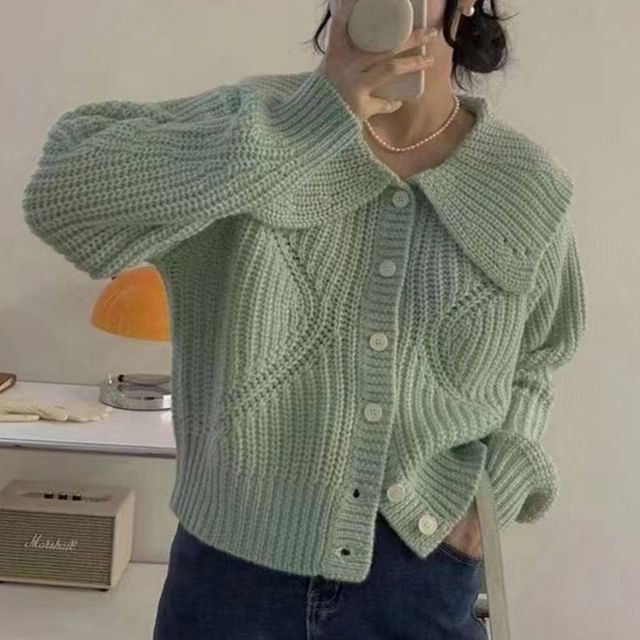 MIKIGA-Peter Pan Collar Button Down Cable Knit Cardigan