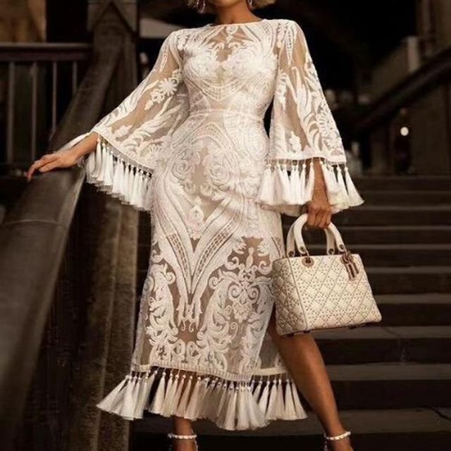 Bolgivy - Set: Embroidered Lace Tassel Midi Sheath Dress + Slipdress |  YesStyle