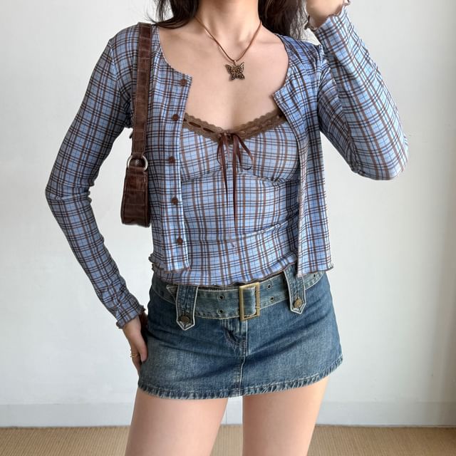Sinora-Set V-Neck Plaid Lace Trim Crop Cami Top Round Neck Button-Up Cardigan