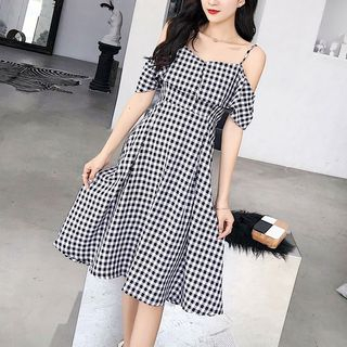 Yilda - Off-Shoulder Check A-Line Dress | YesStyle