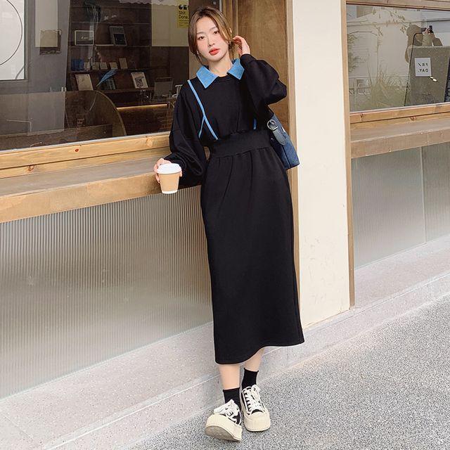 Tzarkozy - Mock Two-Piece Puff-Sleeve Contrast Collar Midi A-Line