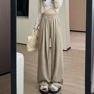 Woohan-Elastic Waist Plain Wide Leg Pants Various Designs