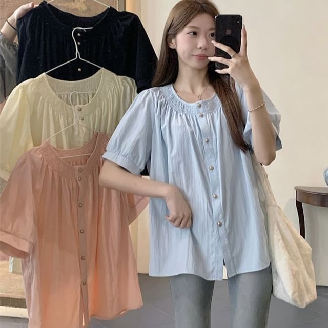 OGAWA-Short-Sleeve Crew Neck Plain Shirred Blouse