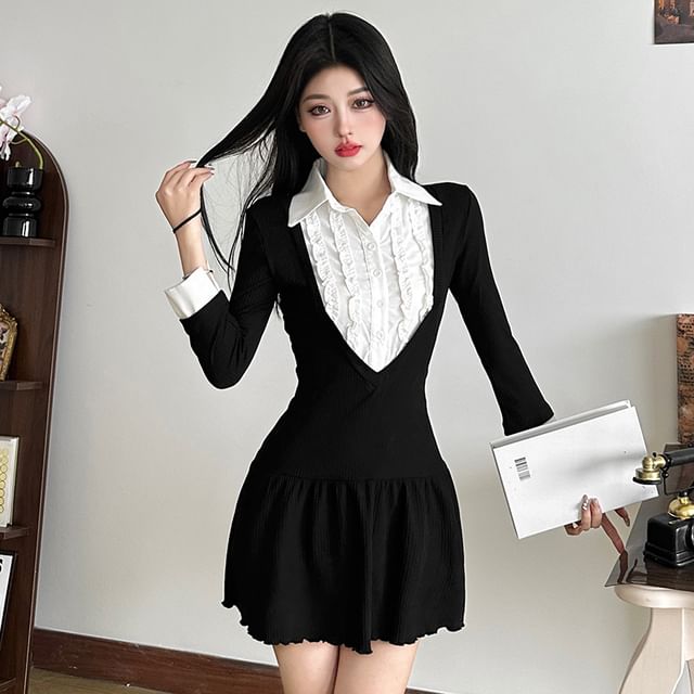 Bababy - Mock Two-Piece Long-Sleeve Collared Two Tone Frill Trim Half- Buttoned Mini A-Line Dress | YesStyle Bababy - Mock Two-Piece Long-Sleeve Collared Two Tone Frill Trim Half- Buttoned Mini A-Line Dress | YesStyle