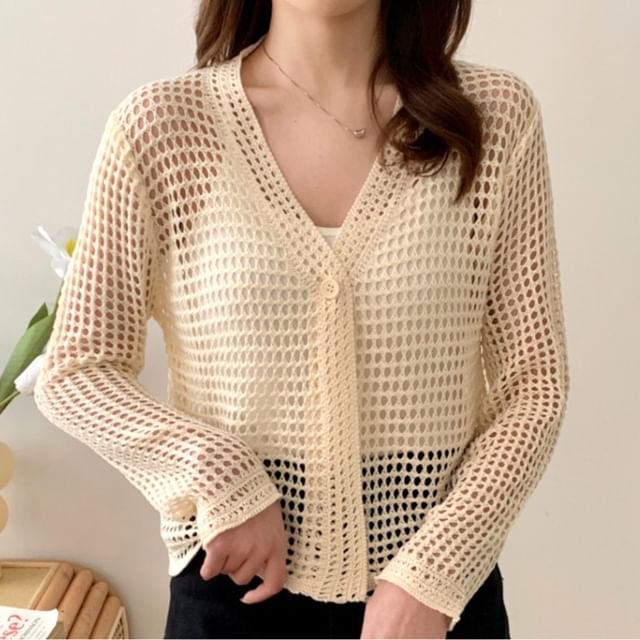 ISSOL-V-Neck Perforated Button-Up Cardigan