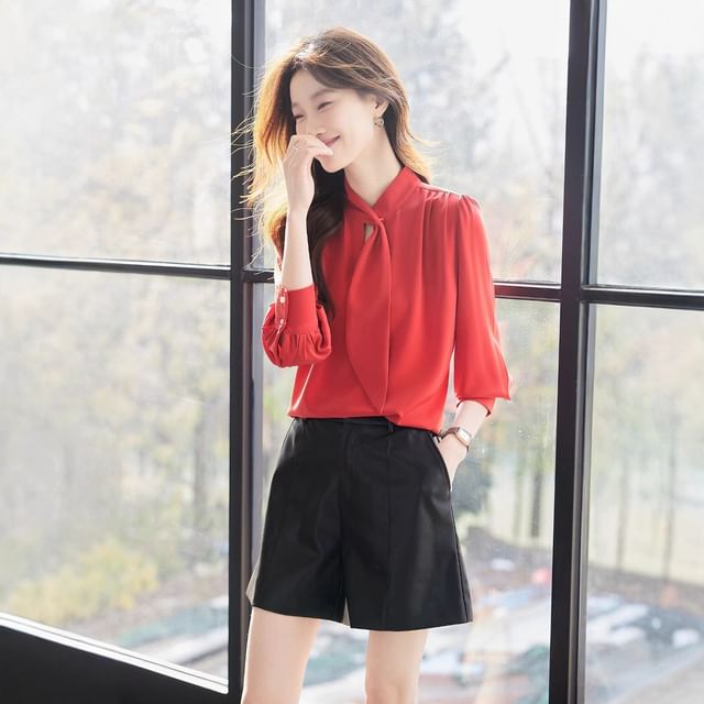 Princess Min-Long-Sleeve Tie-Neck Plain Blouse