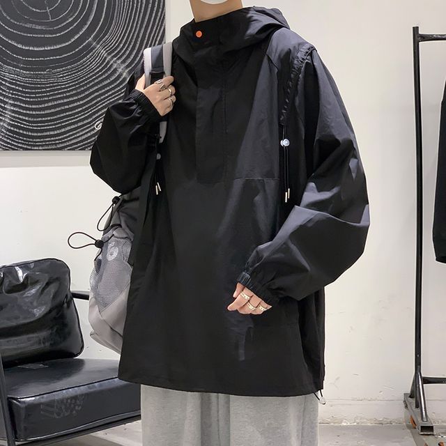 emeisa-Plain Drawstring Half-Zip Overhead Jacket