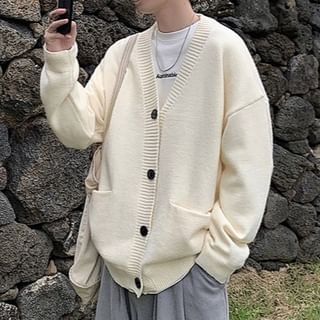 Posive-V-Neck Plain Oversized Button Cardigan