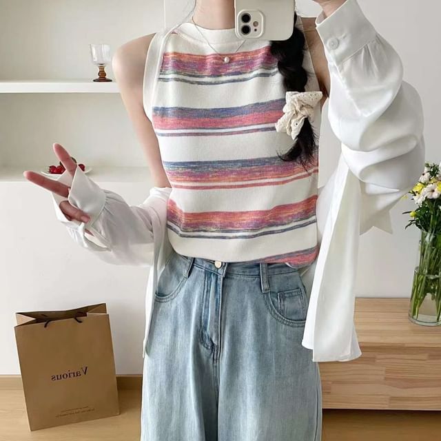 MIKIGA-Striped Sleeveless Round Neck Crop Top