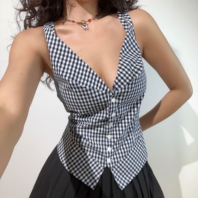 Sinora-V-Neck Plunge Gingham Button-Up Tank Top