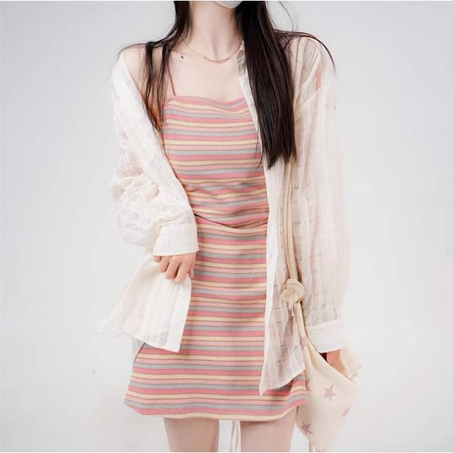 MIKIGA-Striped Spaghetti Strap Mini A-line Dress