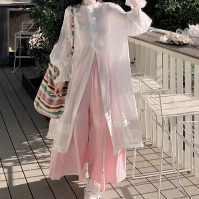 Trendycas-Round Neck Plain Button Up Light Jacket High Rise Plain Wide Leg Pants