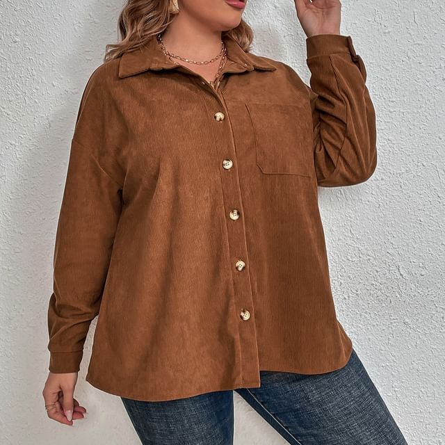 PlusPretty-Long Sleeve Collared Plain Corduroy Shirt