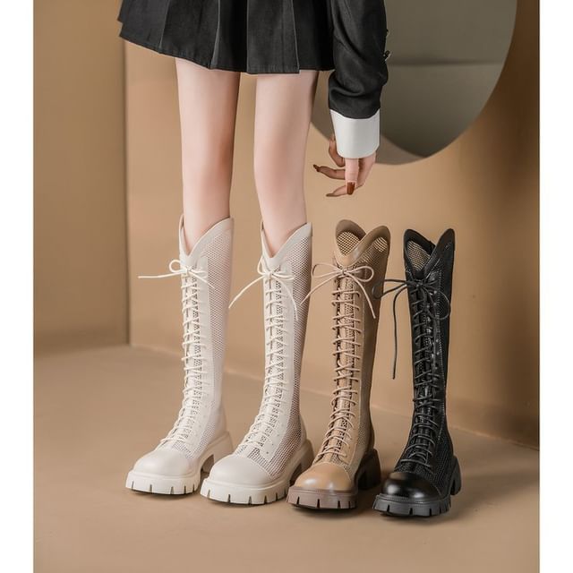 Vindler-Platform Mesh Panel Lace-Up Tall Boots