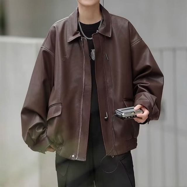 Acrius-Collared Plain Faux Leather Zip-Up Jacket
