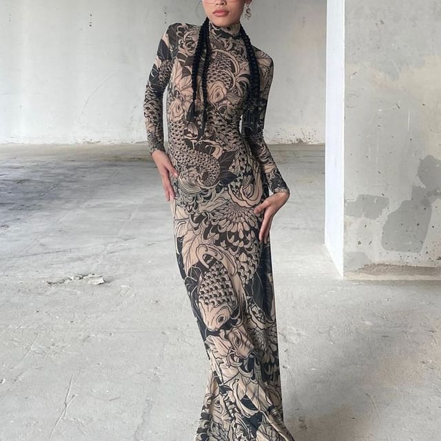 Soybee - Long-Sleeve Turtleneck Tattoo Print Maxi Bodycon Dress | YesStyle Soybee - Long-Sleeve Turtleneck Tattoo Print Maxi Bodycon Dress | YesStyle