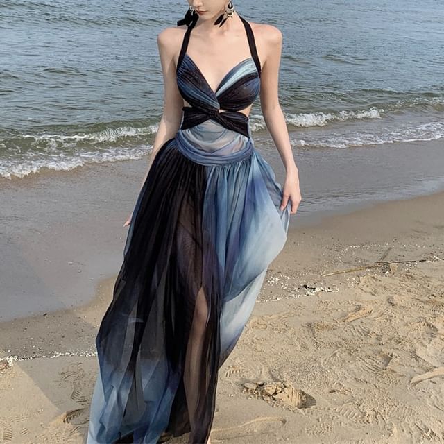 Pensacola - Halter Tie Dye Slit Twist Tie Back Maxi A-Line Dress | YesStyle