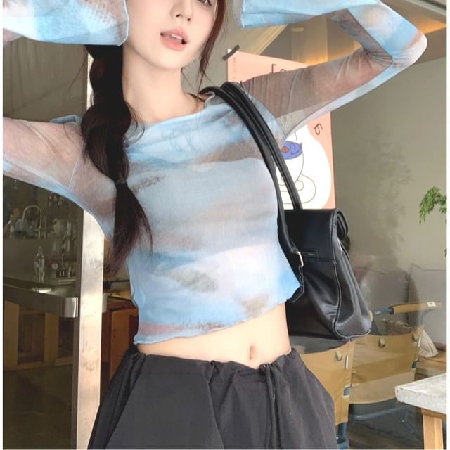 Gilmort-Long-Sleeve Round Neck Patterned Print Mesh Top