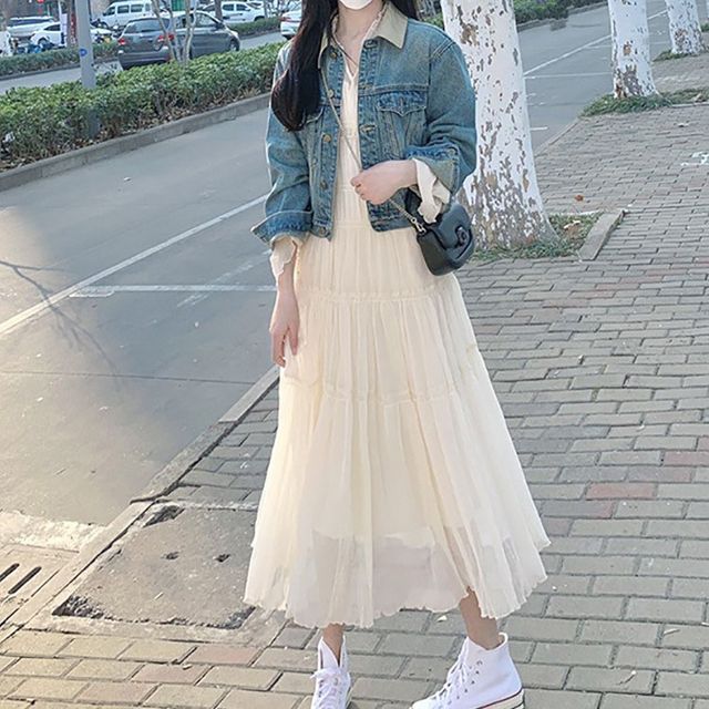 Apotheosis Cinched Sleeve V-Neck Plain Tiered Midi A-Line Dress