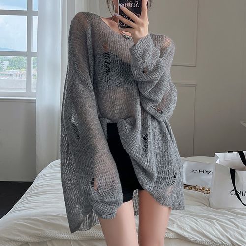 Loose-Fit Long-Sleeve Round-Neck Plain Sheer Knit Top