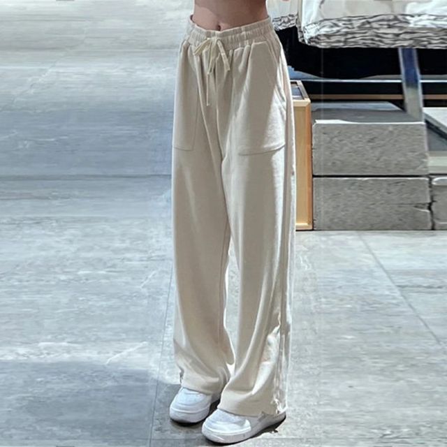 Everose-Drawstring Waist Plain Wide Leg Pants
