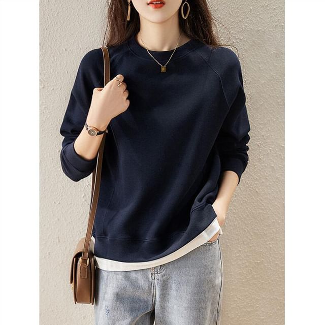 Jeonseon-Round Neck Plain Mock Two-Piece Sweatshirt