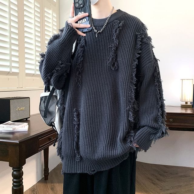 FORSETI-Round Neck Plain Fringed Distressed Ribbed Sweater