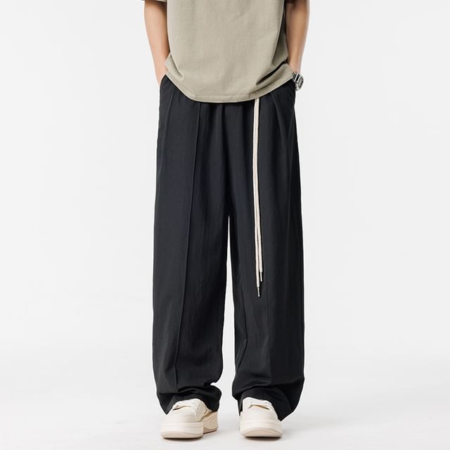 Dandyluxe-Drawstring Waist Plain Straight Leg Pants