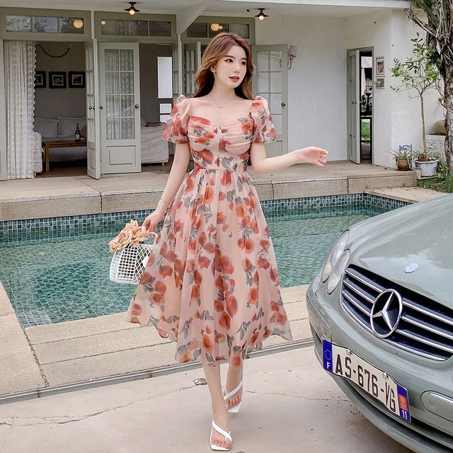 BEAUSY - Short-Sleeve Sweetheart Neckline Floral Print Maxi A-Line Dress |  YesStyle