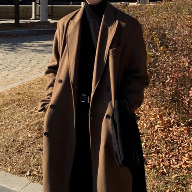 DragonRoad-Peak Lapel Plain Midi Double Breasted Coat