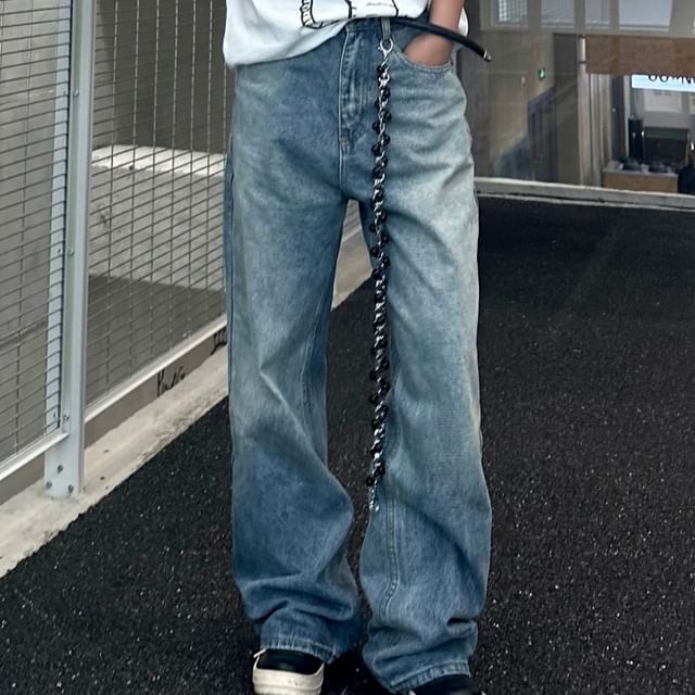 DragonRoad-Mid Rise Washed Wide Leg Jeans