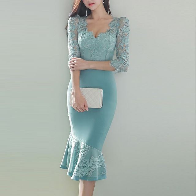 Oufan - 3/4-Sleeve Lace Panel Midi Mermaid Dress | YesStyle Oufan - 3/4-Sleeve Lace Panel Midi Mermaid Dress | YesStyle